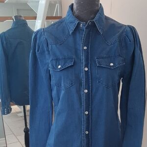Torn by Ronny Kobo💙CUTE PEARL SNAP BUTTON Denim Shirt PUFF SLEEVES Pockets Sz M